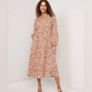 OLD NAVY | Waist-Defined Puff-Sleeve Floral Smocked Midi Dress Sz L